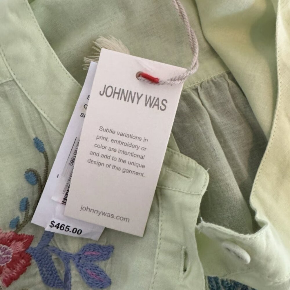 Johnny Was Green Shirred Yolk Kamiko Blouse Shirt Top Embroidered Floral Size L - Picture 4 of 7